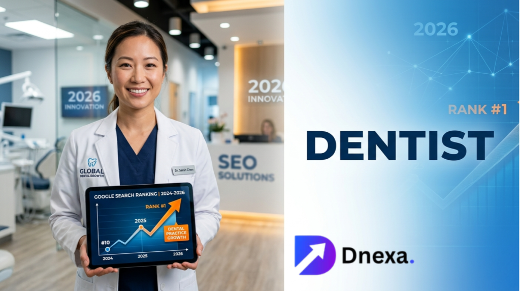 A professional dentist displaying a Google search ranking improvement chart from 2024 to 2026, highlighting effective SEO for dentists.