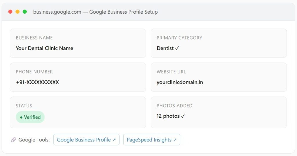 A verified Google Business Profile optimization dashboard layout showcasing essential local setup fields for effective SEO for dentists.