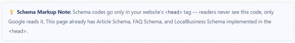 Technical informational box explaining the implementation of LocalBusiness and FAQ schema markup codes in the head tag for SEO for dentists.